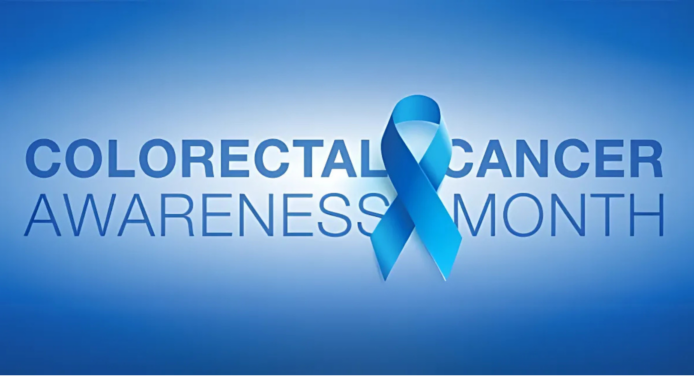 Colorectal Cancer Awareness Month text. Blue ribbon.